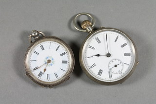 A Kendal & Dent keywind fob watch with enamelled dial and  Roman numerals contained in a Continental silver case together  with a keyless open faced fob watch with enamelled dial and  Roman numerals contained in a Continental silver case