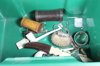 A silver napkin ring with turned decoration, a pair of silver  plated grape scissors and other curios etc
