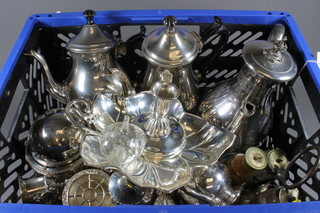 A 19th Century silver plated candlestick, 3 silver plated coffee pots and other plated items