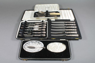 2 set of 6 silver handled tea knives, a circular glass salt and a 3  piece silver plated christening set, cased
