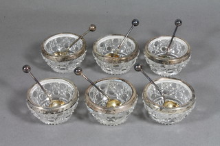 6 cut glass salts with silver rims