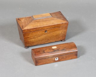 A Victorian rosewood tea caddy of sarcophagus form with hinged  top, interior and escutcheon missing, 7"h x 11"d x 5.5"w  together with a dome shaped rosewood box 2.5"h x 9.5"w x  3.5"d