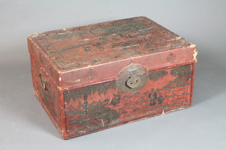 A 19th Century Chinese red lacquered coffer with hinged top and brass handles, 17"h x 32"w x 24"d, hinge f,   ILLUSTRATED