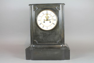 Potonie, Paris, a late 19th Century black slate marble clock of architectural form, having Roman enamelled dial with brocot  escapement and set 8 day cylinder movement, striking bell 15"h  x 12"w x 6"d  ILLUSTRATED