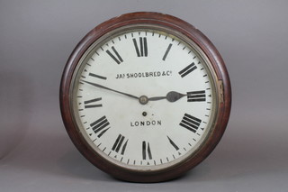 A Victorian mahogany dial clock, the painted Roman dial  inscribed James Shoolbred & Co. London, set single fusee movement, 15" diam.  ILLUSTRATED
