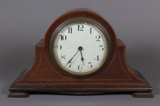 An Edwardian mahogany and boxwood line inlaid mantel  timepiece, having Arabic enamelled dial set cylinder movement  with lever escapement 6"h x 9.5"w x 3"d