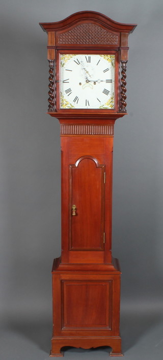 An 18th Century and later mahogany longcase clock, the later  19th Century mahogany case with blind lattice cornice, barley  twist columns above a shaped trunk door with box base below.  The 13" floral painted Roman dial with second subsidiary dial  and date aperture, set 8 day movement with anchor escapement  striking bell, 82"h x 22"w