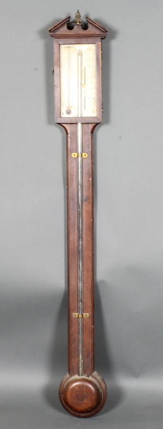 Of Masonic interest, a 19th Century mahogany barometer, the  silvered calibrated vernier scale signed J Pioty Lincoln, bears set  square and dividers 39"h x 6"w x 2"d