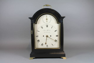 A 19th Century black ebonised bracket clock, gilt metal  mounted, the broken arch topped case having pierced brass grills  and bracket feet, the Roman painted dial with silent strike above  an outer minute track, bears signature for James McCabe Royal  Exchange London, set a twin fusee movement striking bell,  modified, 17.5"h x 12"w x 7.5"d  ILLUSTRATED