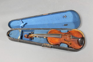 A violin marked J Keer 1893, with 2 piece back 14.5", complete  with carrying case