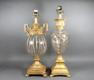 A glass and gilt metal twin light table lamp 21" together with a similar table lamp
