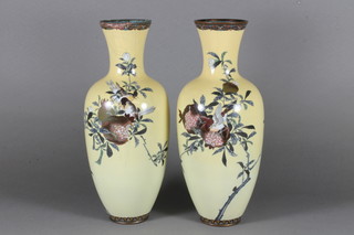 A pair of Japanese yellow ground cloisonne club shaped vases decorated birds, 1 rim f, 12"h