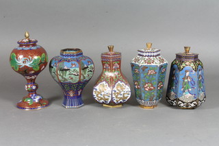 2 pairs of Japanese octagonal cloisonne enamelled jars and covers  decorated figures and flowers 5", a pair of club shaped Japanese  cloisonne enamelled vases decorated dragons 4", an octagonal  waisted cloisonne vase 4.5" and a circular jar and cover 5"