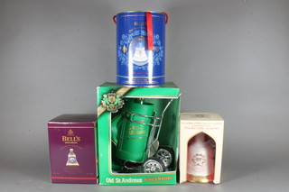 A 750ml bottle of St Andrews Old Scots Whisky contained in a  leather golf bag together with nine 620cl of Bells whisky  contained in various Wade commemorative decanters