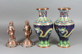 A pair of Chinese club shaped black ground cloisonne enamelled vase decorated dragons 9" and 2 copper figures of standing  children 6", some holes,