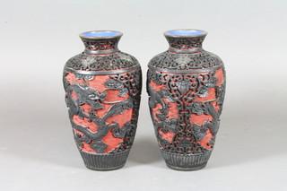 A pair of cinnabar lacquer vases decorated dragons 6"