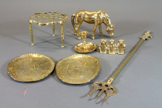 A brass standing horse 4", do. Three Wise Monkeys, a trivet  and a small collection of brass ware