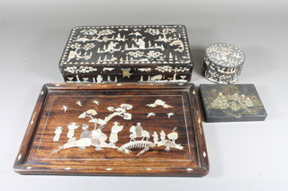 A Chinese rectangular lacquered box, the hinged lid decorated children 5", a Chinese rectangular inlaid rosewood and mother of  pearl panel 9" x 14", a lacquered and mother of pearl inlaid box  with hinged lid 12" and a jar and cover 4"