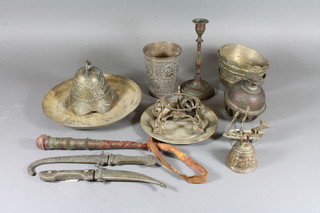 A gilt metal bronze twin bladed propeller and a collection of metalware
