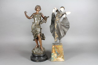 An Art Nouveau spelter figure of a lady with harp 15" and an Art Deco style figure of a dancing lady 15"