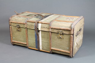 A green fibre and wooden bound cabin trunk with brass locks  marked MV, the lid marked SS Lancashire London and with  Dibby Shipping Co. label 19.5"h x 41.5"w x 23"d