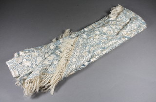 An embroidered silk and blue net shawl with floral decoration  90"
