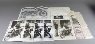 T E Lawrence, 3 black and white photographs of Lawrence riding a motorcycle wearing an aircraftman's uniform together with 2 black and white copies and a black and white photograph of Lawrence's grave with a letter from George Brough Motorcycle Manufacturers Haydon Road, Nottingham 3rd June, 1935