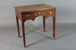 A George III North Country oak side table, mahogany cross  banded, fitted 3 frieze drawers with apron below, raised on  square tapered legs 29"h x 29"w x 21"d