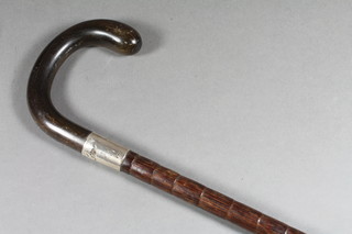 A walking stick with silver band and horn handle