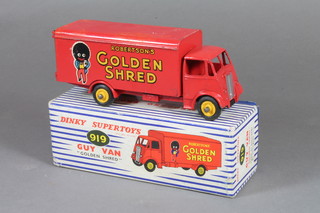 A Dinky Super Toys Guy van No.919 advertising Robertson's  Golden Shred marmalade with Golly vignette and red coach  work, yellow wheels - boxed, 5.5"l  ILLUSTRATED