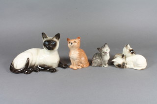 A Royal Doulton Siamese cat, base impressed 1559 7" together a  Doulton study of 2 Siamese kittens and 2 other Doulton cats