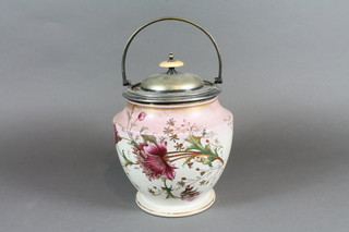 An Edwardian W & R pottery biscuit barrel with floral  decoration and silver plated mounts 6.5"