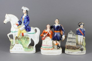 A Staffordshire figure of Tom King 9", 1 other of gentleman and  lady 6.5" and a reproduction figure group of Lord Nelson 6"
