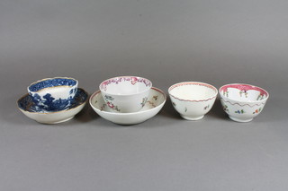 An 18th Century tea bowl and saucer with Willow pattern the  base marked S, together with a porcelain floral pattern tea bowl  and 2 other tea bowls