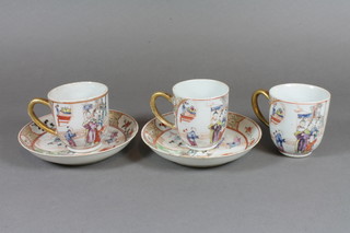 3 18th Century Kien-Lung porcelain cups decorated courtly  scenes together with 2 saucers