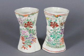 A pair of 19th Century Japanese Satsuma boat shaped vases of  waisted form with floral decoration 4"