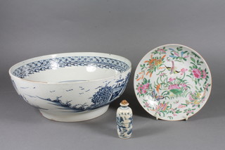 A Chinese blue and white porcelain bowl decorated stylised  willow pattern, very f and r 10", a Canton famille rose porcelain  saucer 6", a blue and white Chinese rollo scent bottle, the base with 6  character mark 3"