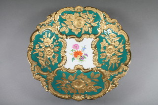 A Meissen circular green glazed and floral patterned bowl with gilt borders, the base with crossed sword mark and marked 79  12"