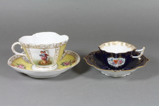 A Meissen blue glazed boat shaped cabinet cup and saucer with  floral panelled decoration, the base with crossed swords mark  together with a Meissen style porcelain cabinet cup and saucer,  base impressed TK 161