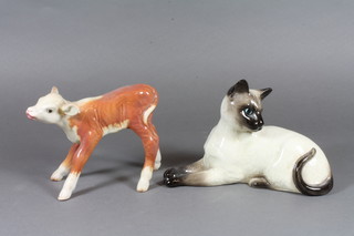 A Beswick seated Siamese cat 7" together with a do. standing Herefordshire calf 4.5" - ear f and r