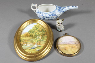 A Continental porcelain invalid feeding cup 6", a miniature  cloisonne enamelled figure of a seated cat 2", a F Clark porcelain  plaque of a river scene and 1 other miniature