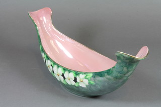 A Malingware green glazed boat shaped vase 12"