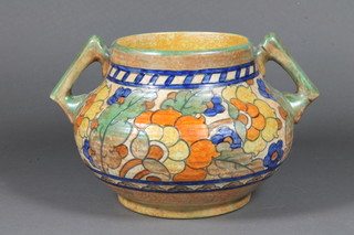 A Charlotte Rhead Crown Ducal circular twin handled pottery  vase 5"
