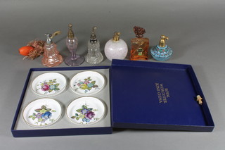 3 circular Royal Worcester dishes with floral decoration 4" - boxed, 5 perfume atomisers and a perfume bottle