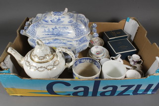 A 19th Century blue and white tureen and cover - handle f, a  Rockingham style teapot, a blue and white mug, 2 miniature Hammersley shaving mugs and various other miniature items of  china etc