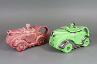 A Sadler style green glazed pottery teapot in the form of a motor  car and a pink glazed ditto 7.5"