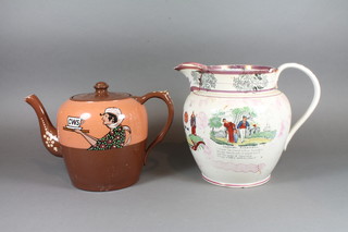 A 19th Century Masonic Sunderland lustre jug decorated square and compass etc and having the Sailors Farewell, damaged, 8" together with a 19th Century pottery Co-Operative Society teapot marked Co-Operative Tea is filling the nations teapots - chip to spout