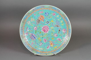 A Chinese famille rose green glazed and floral patterned plate  13", the reverse with 6 character mark