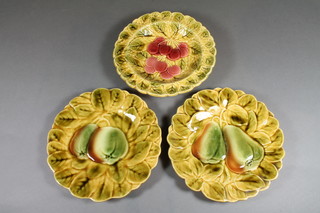 3 French Majolica plates decorated fruit 7.5"