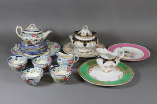 A Rockingham style sucrier 6" -f, do. cream jug - f, together  with a 13 piece Coalport Canton pattern tea service comprising  teapot, cream jug, sugar bowl, serving plate 10", 3 tea plates 6" -  2 cracked, 1 chipped, 3 cups - 1 cracked and 3 saucers, a green  glazed and floral patterned Davenport plate, pink and floral  patterned Coalport plate and a Copeland & Garrett plate - star  crack